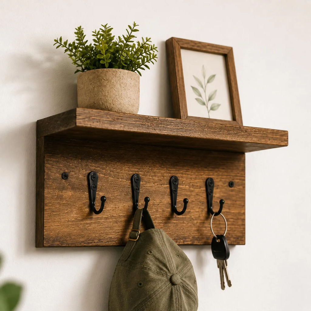 Reclaimed Wood Wall Shelf with Hooks — Handcrafted Entryway Organiser