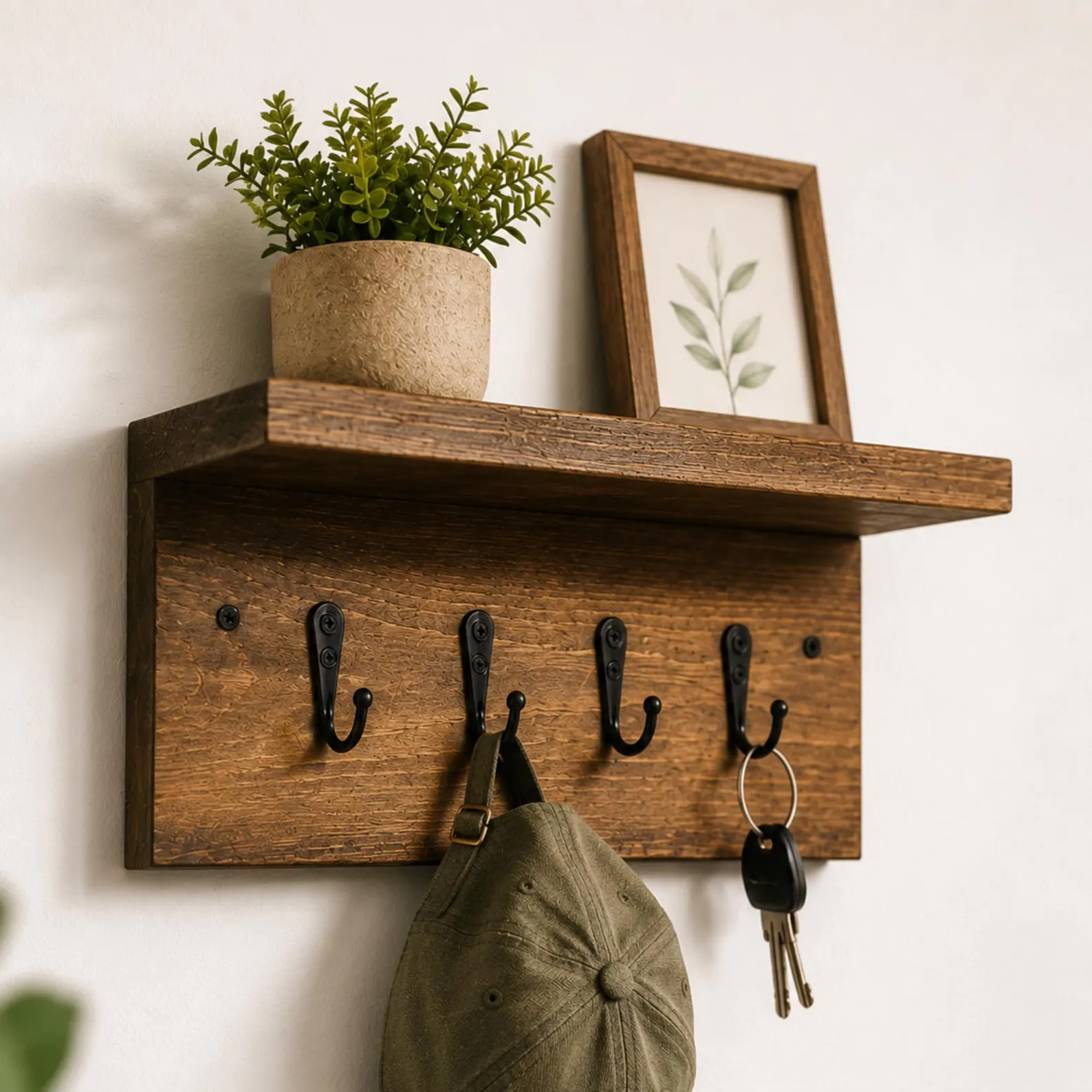 Reclaimed Wood Wall Shelf with Hooks — Handcrafted Entryway Organiser