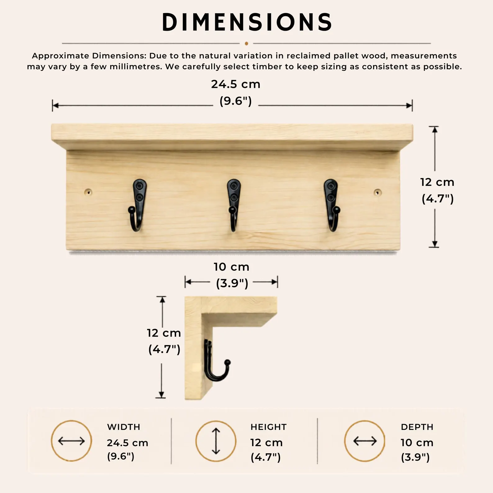 Reclaimed Wood Wall Shelf with Hooks — Handcrafted Entryway Organiser