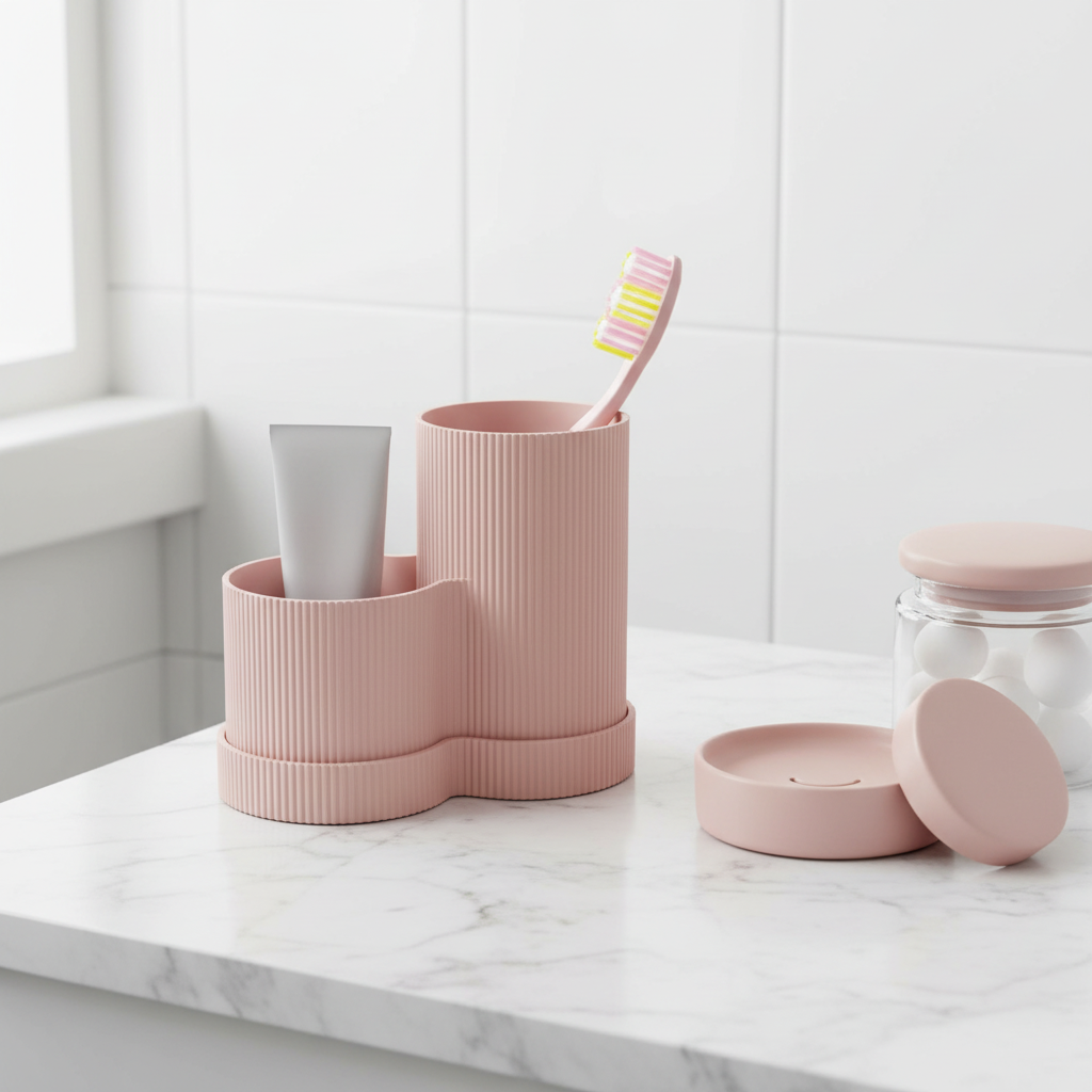 Pink ribbed toothbrush holder on white marble vanity