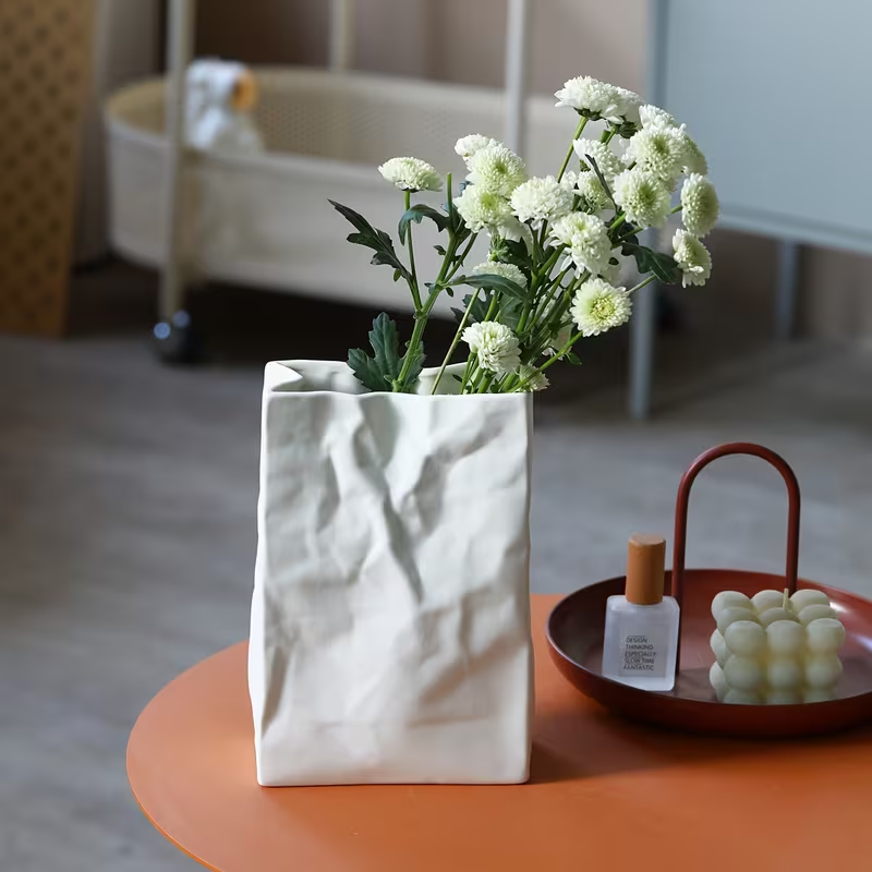 Crumpled Paper Bag Ceramic Vase – Matte White