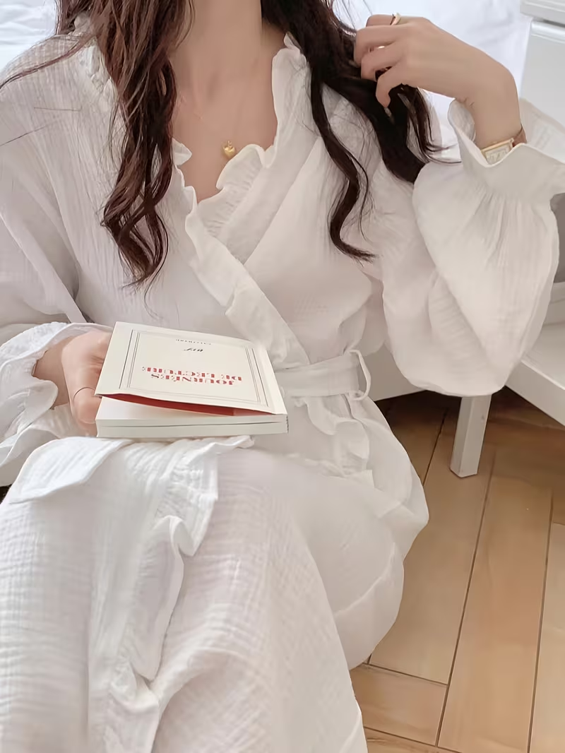Ruffle Trim Wrap Robe Dress – White