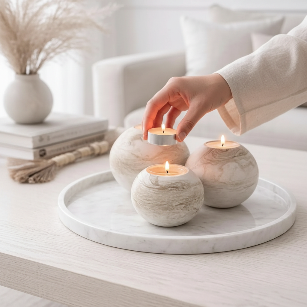 Woman's hands placing tea light into marble ceramic sphere candle holder