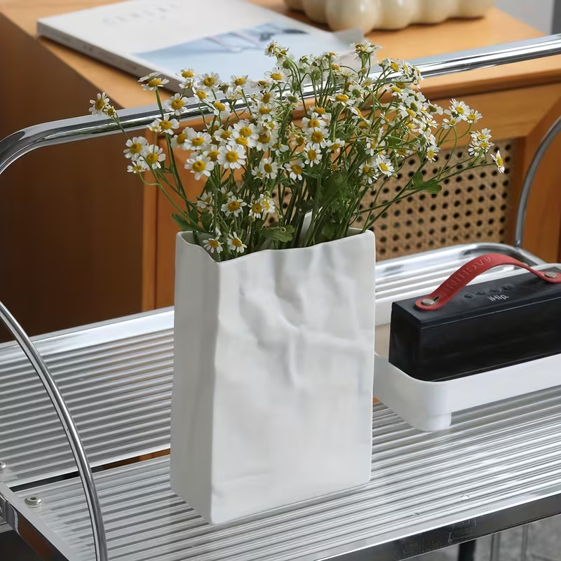 Crumpled Paper Bag Ceramic Vase – Matte White