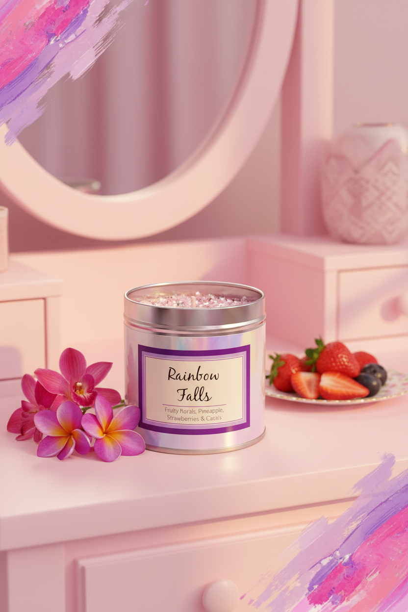 Rainbow Falls candle on pastel pink vanity with tropical flowers and strawberries