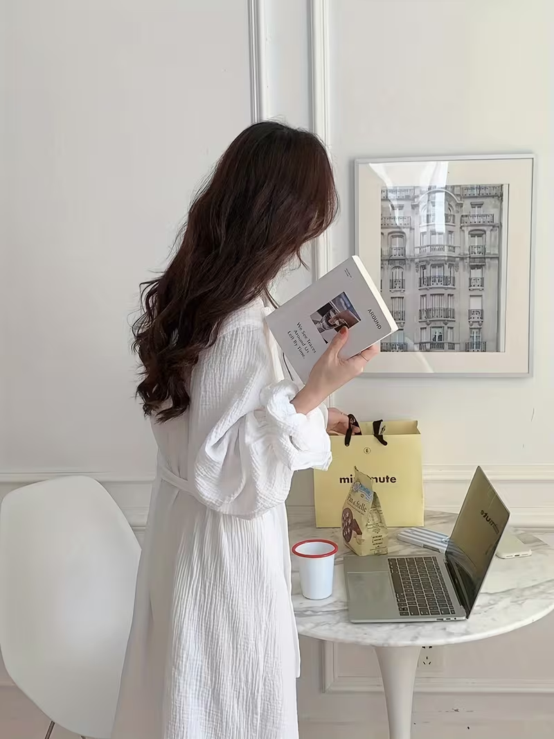 Ruffle Trim Wrap Robe Dress – White