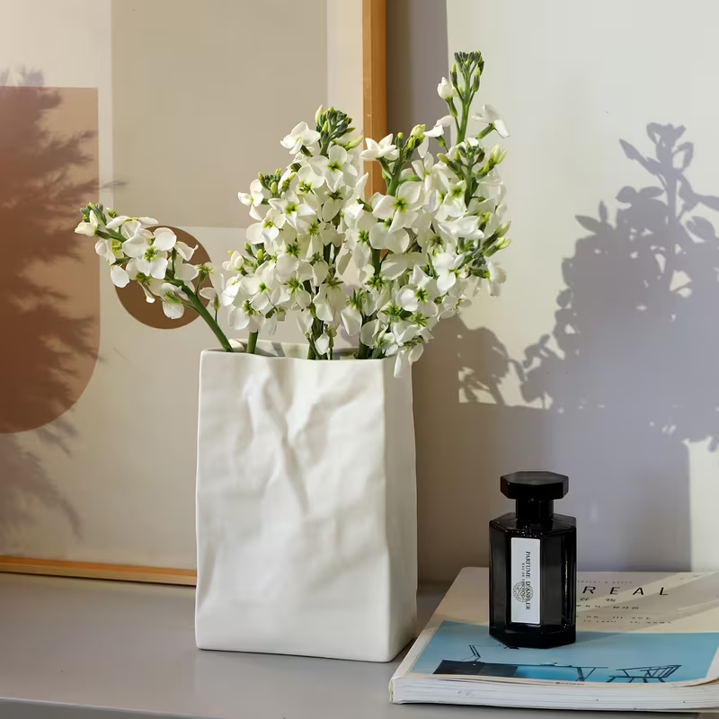 Crumpled Paper Bag Ceramic Vase – Matte White
