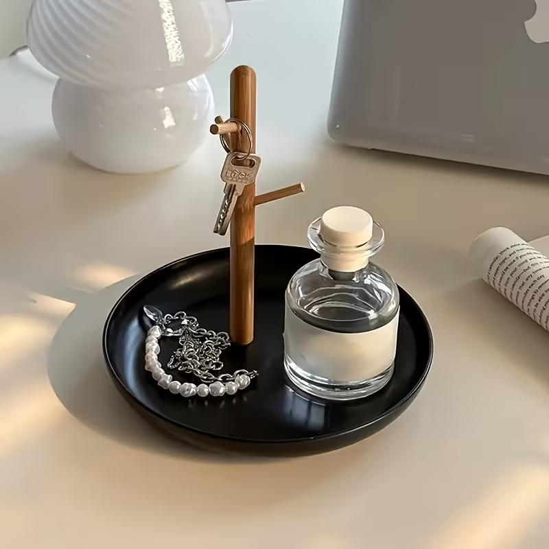Ceramic Tray with Bamboo Tree Hook Stand – White / Black