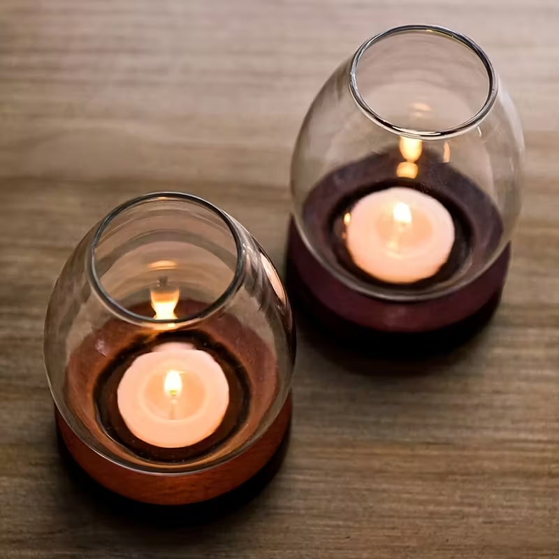 Oval Glass Tealight Holder – Clear Glass & Walnut Wood Base