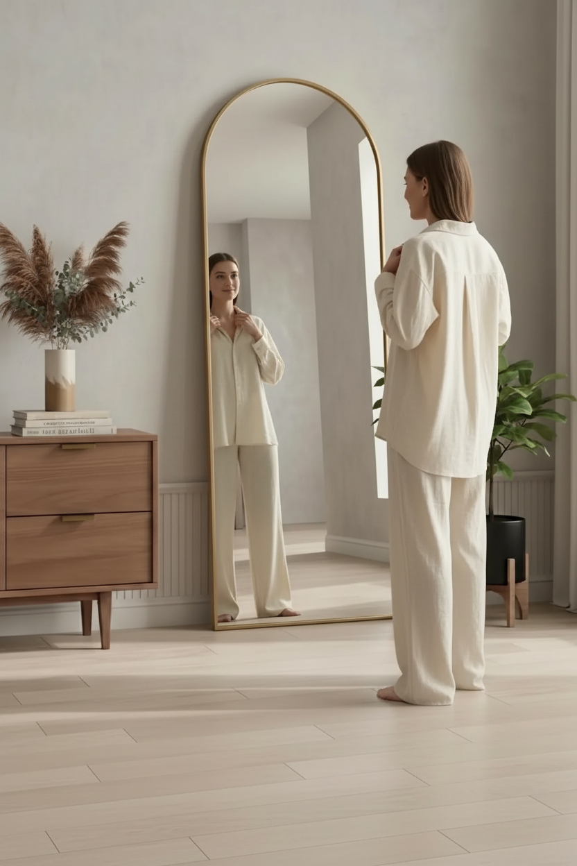 Woman in cream outfit checking reflection in gold arch floor mirror