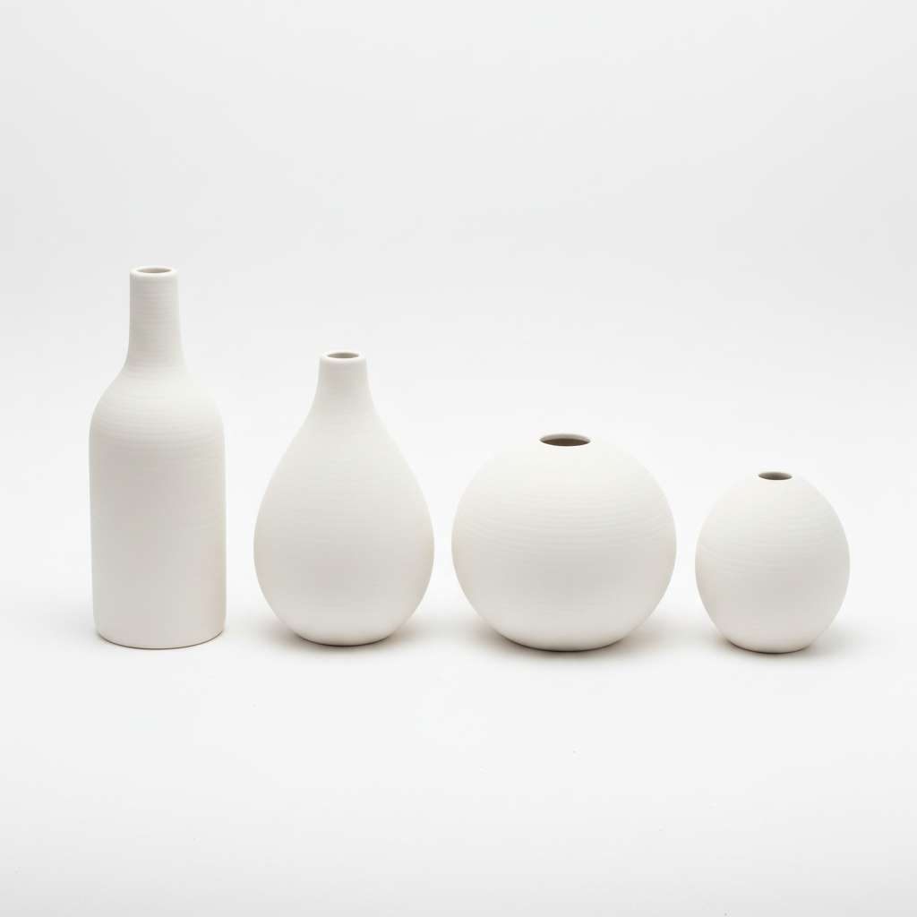 White ceramic vase set of 4 on white background