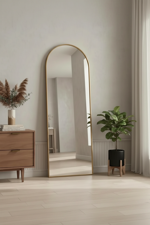 Arch floor mirror with gold frame in minimalist bedroom