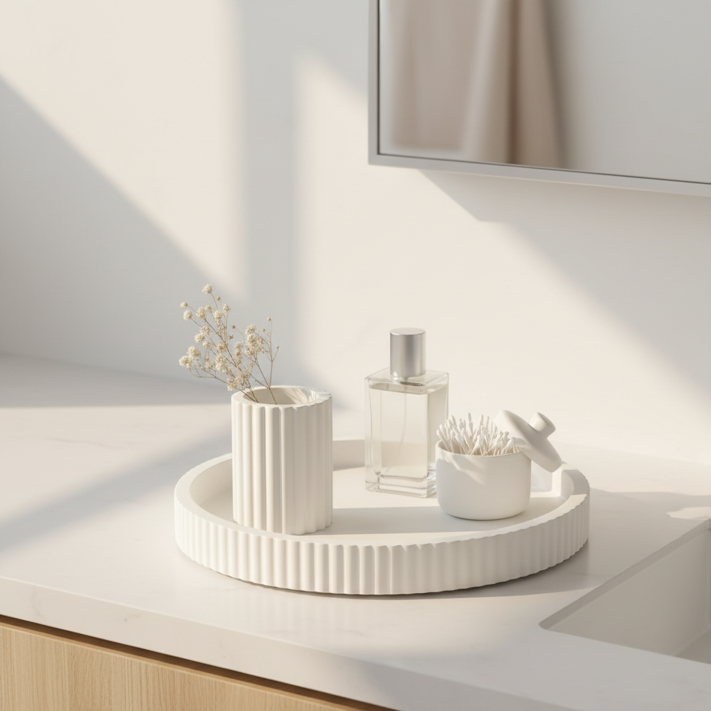 White ribbed tray and vase on bathroom vanity countertop