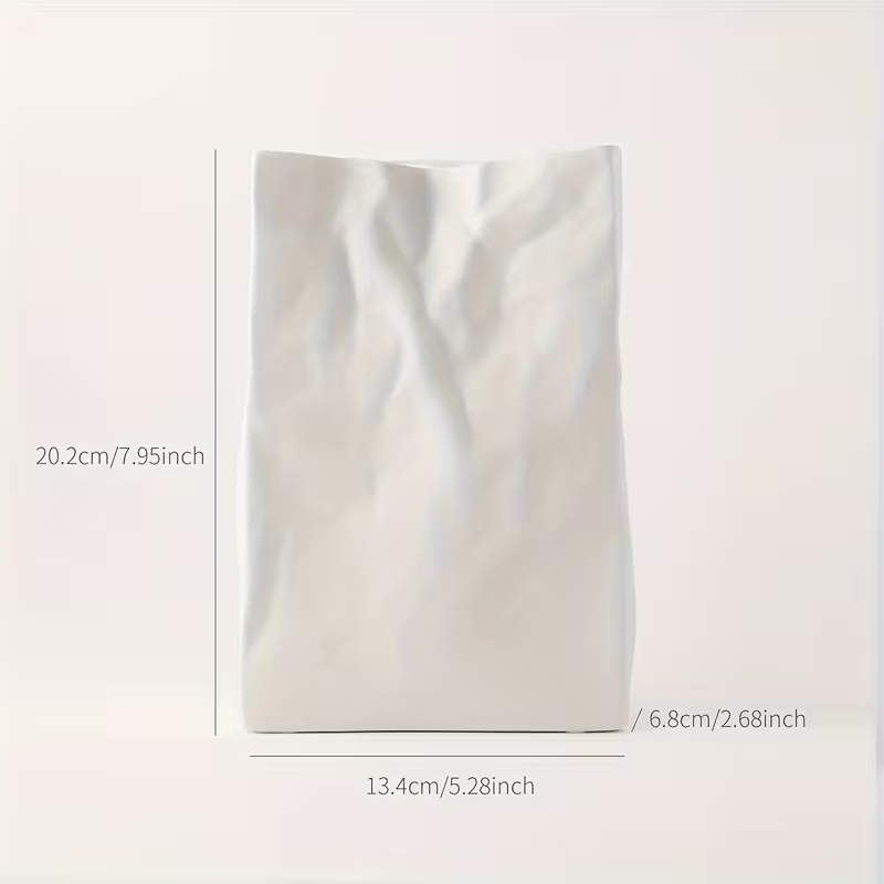 Crumpled Paper Bag Ceramic Vase – Matte White
