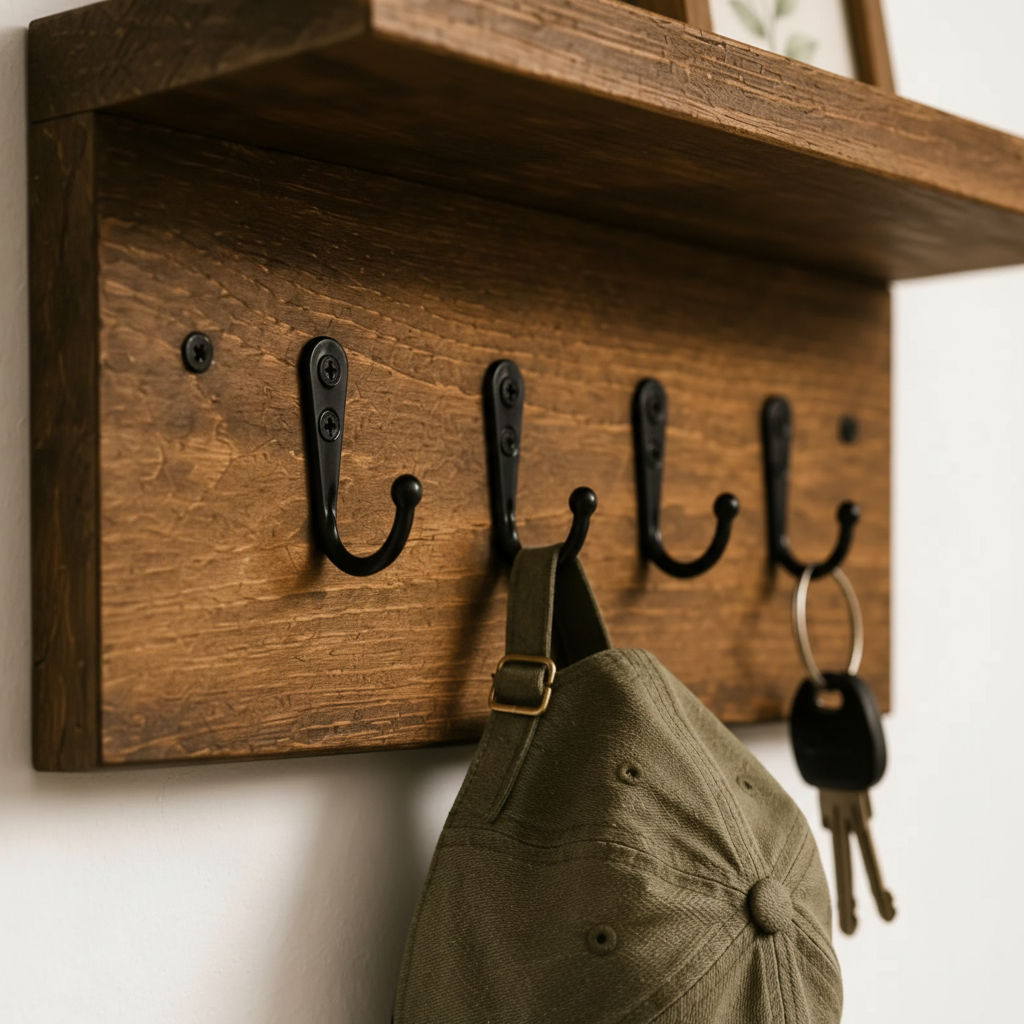 Close up of reclaimed wood grain texture and black iron hooks