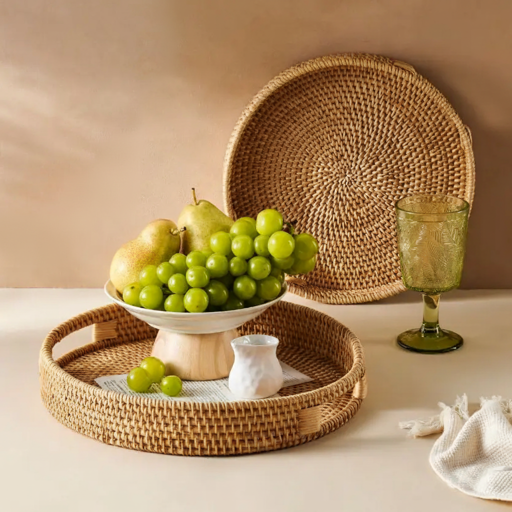 Round handwoven rattan tray with handles styled with fruit bowl and green glass goblet