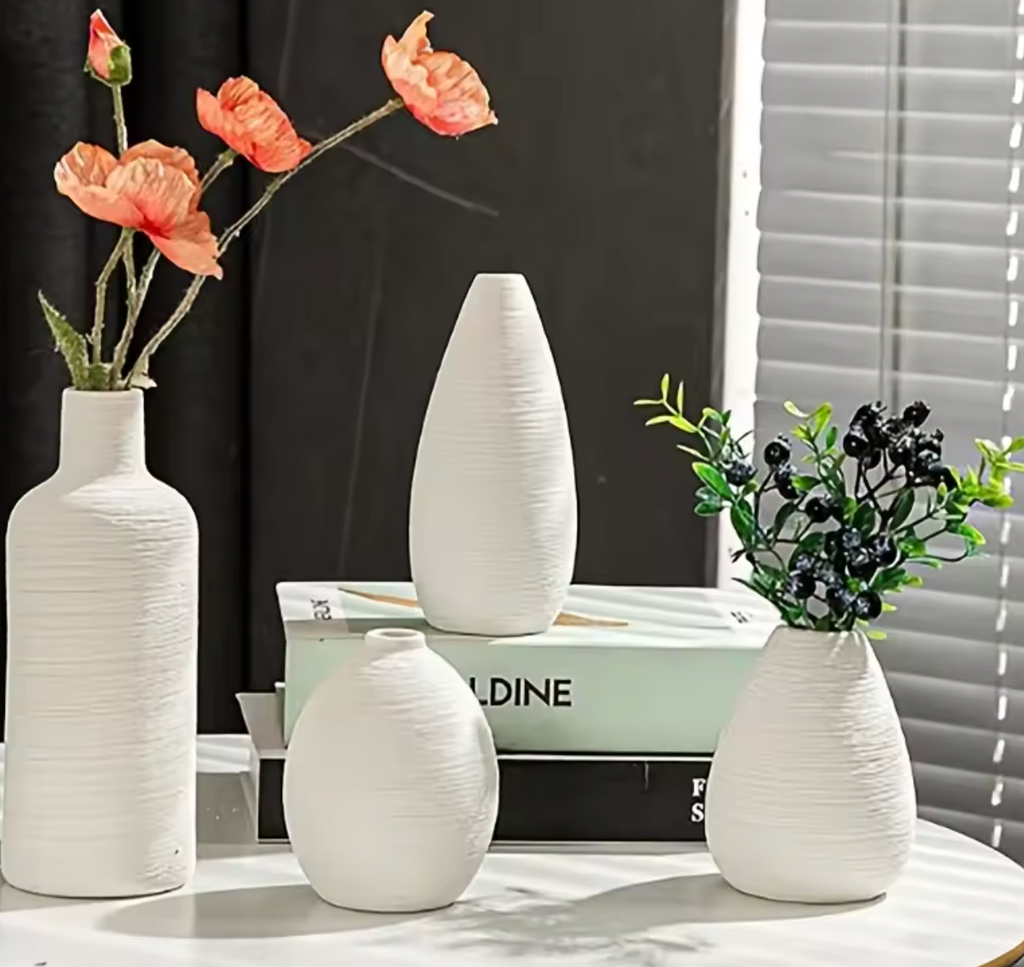 White Ceramic Vase Set of 4 — Modern Minimalist Bud Vases