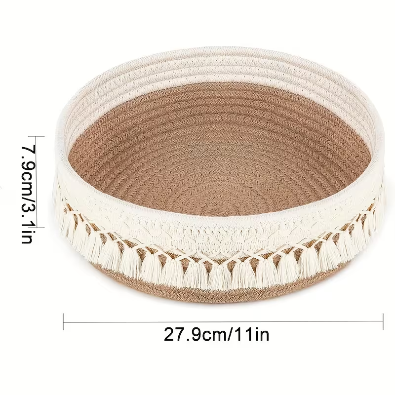 Boho Macramé Tassel Round Storage Basket – Cotton Rope & Jute