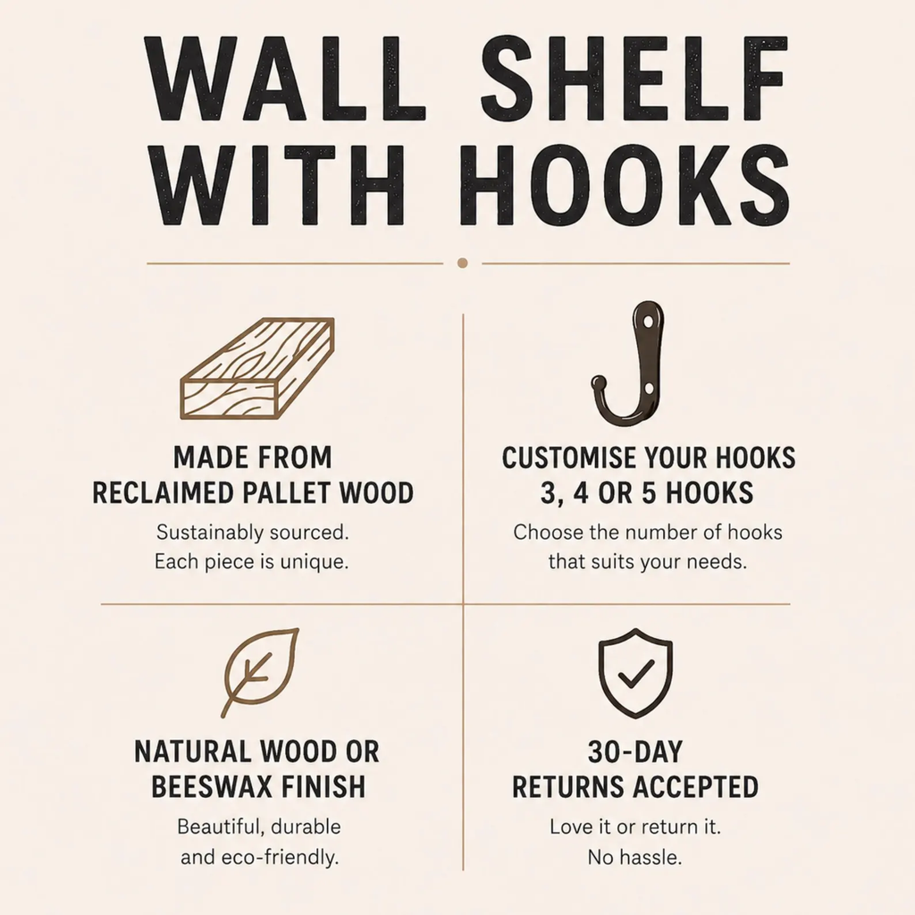 Reclaimed Wood Wall Shelf with Hooks — Handcrafted Entryway Organiser
