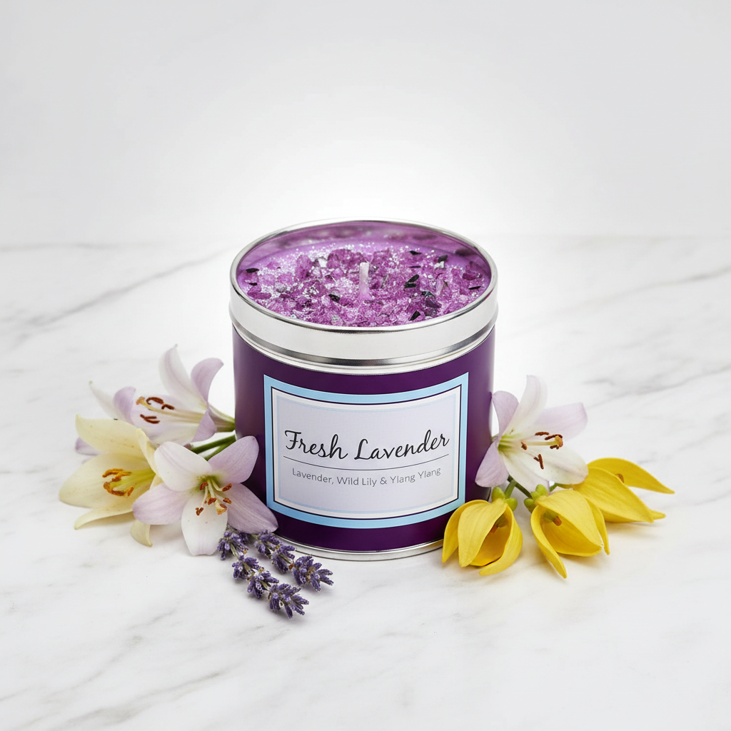 Fresh Lavender deep purple tin candle with amethyst crystal topping on marble surface