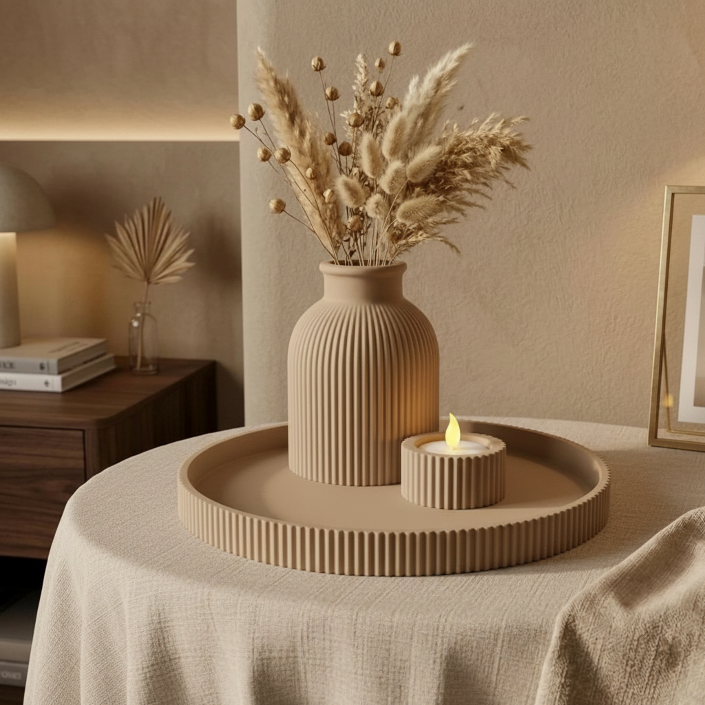 Taupe ribbed decorative set with pampas grass on linen surface