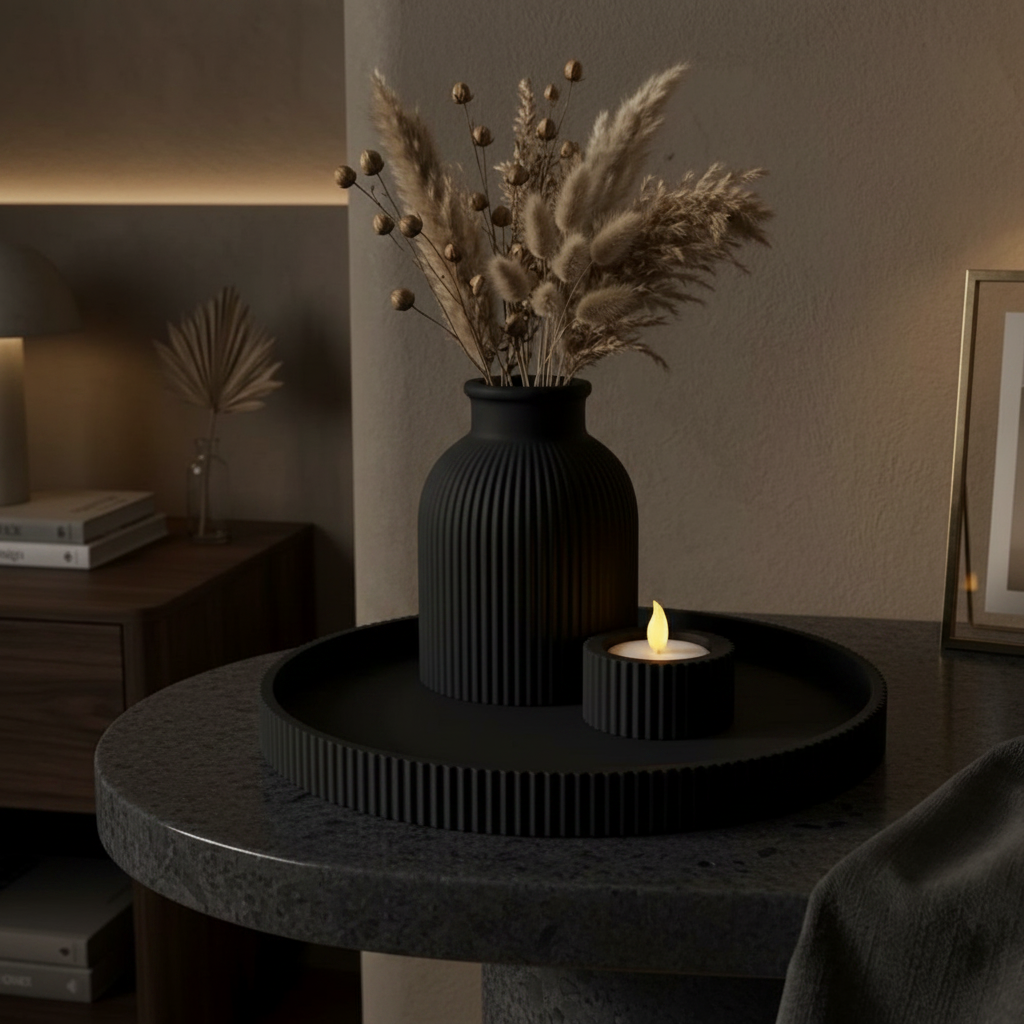 Black ribbed decorative set with dried stems moody lighting