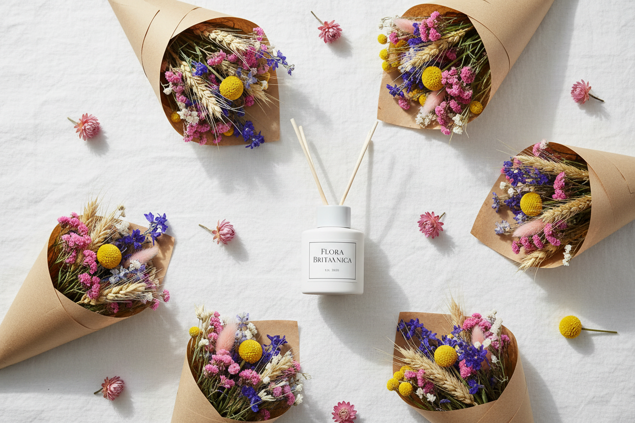 Flat lay of mini dried flower bouquets with blue larkspur, yellow craspedia and wheat