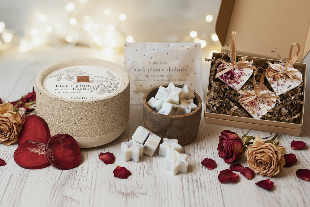 Black Plum & Rhubarb romantic gift set hero shot with dark plums and dried roses