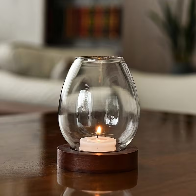 Oval Glass Tealight Holder – Clear Glass & Walnut Wood Base