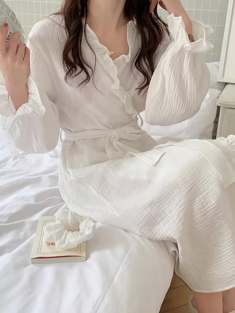 Ruffle Trim Wrap Robe Dress – White
