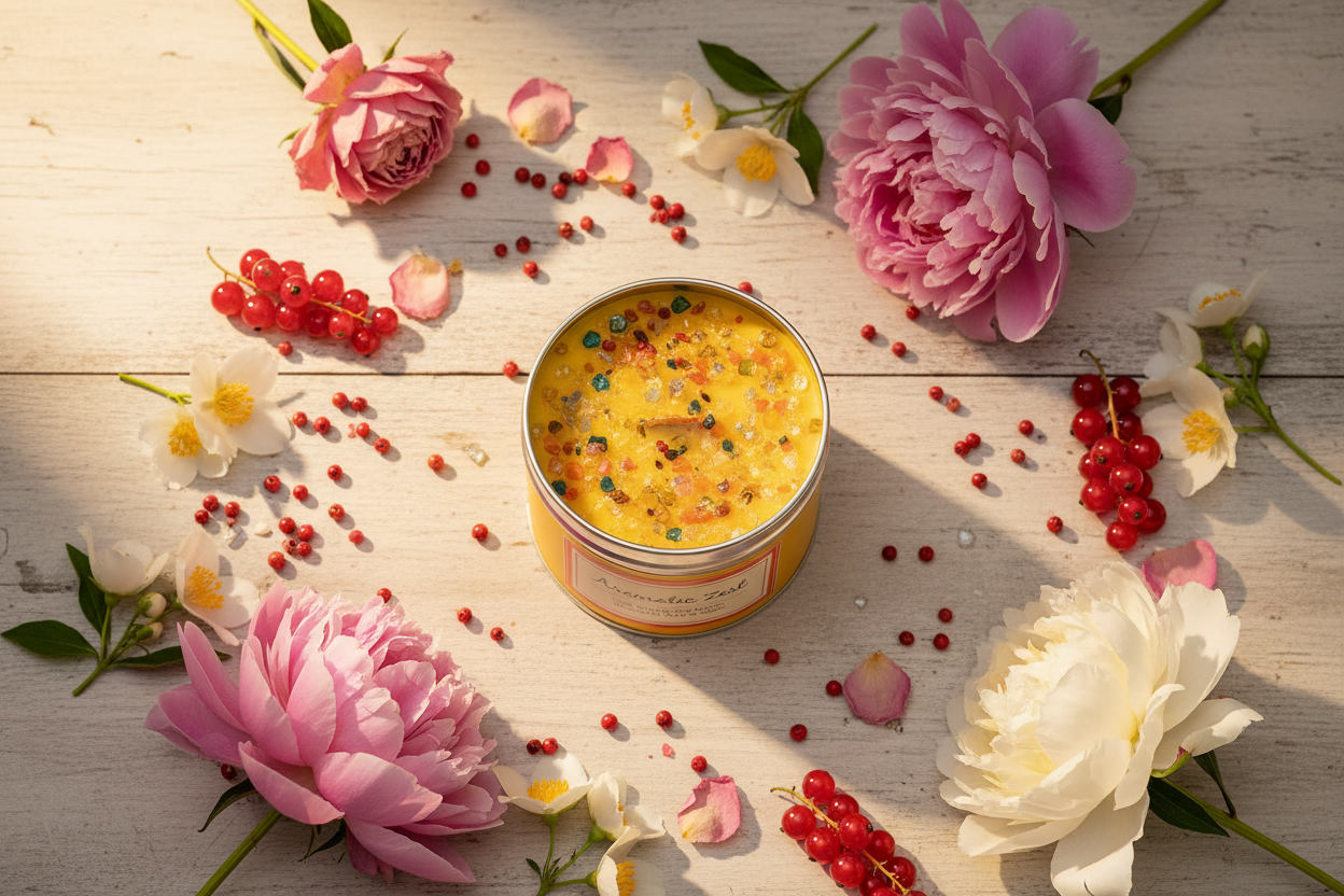 Aromatic Zest candle flat lay with pink peppercorns, red currants, roses and peonies