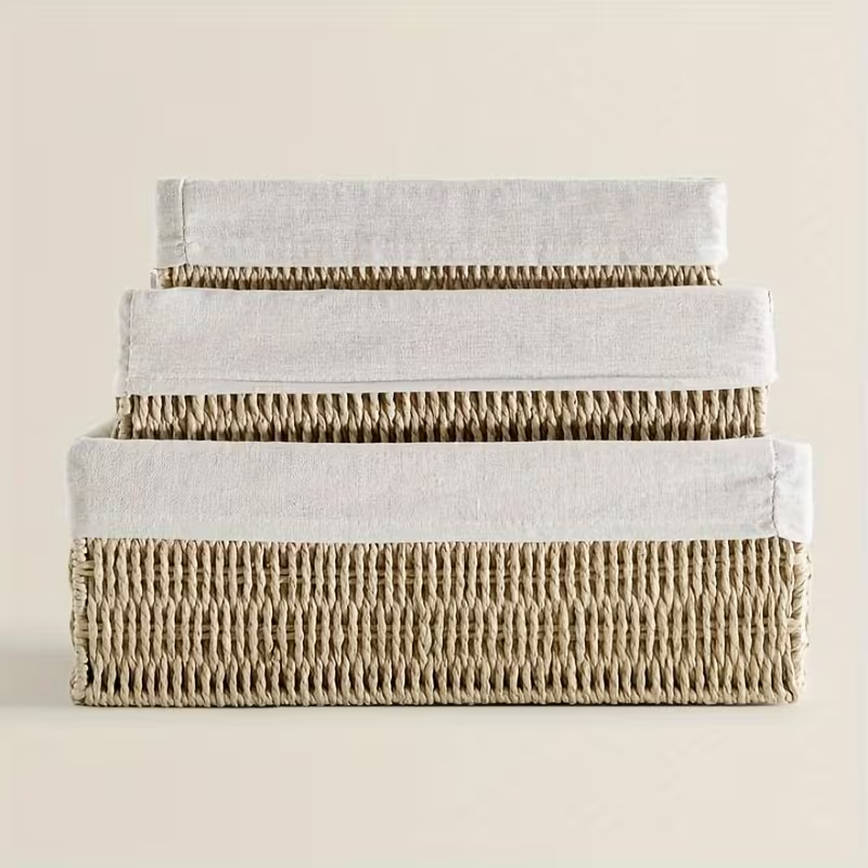 Woven Paper Rope Storage Basket Set of 3 – Natural & Linen Liner