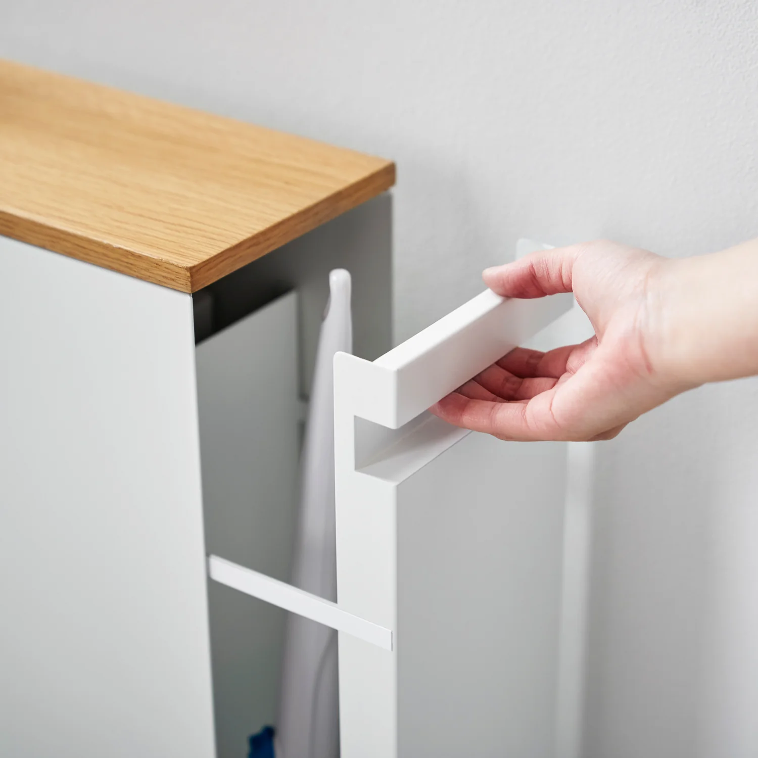 Slim Pull-Out Bathroom Cabinet with Wood Top - Steel
