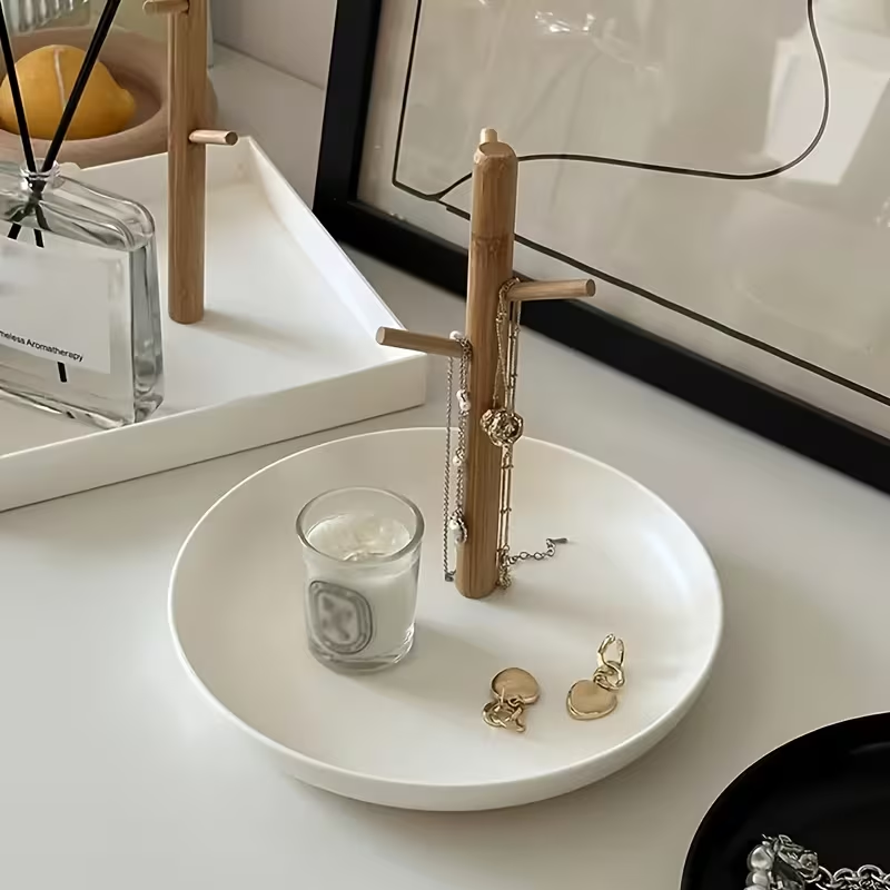 Ceramic Tray with Bamboo Tree Hook Stand – White / Black
