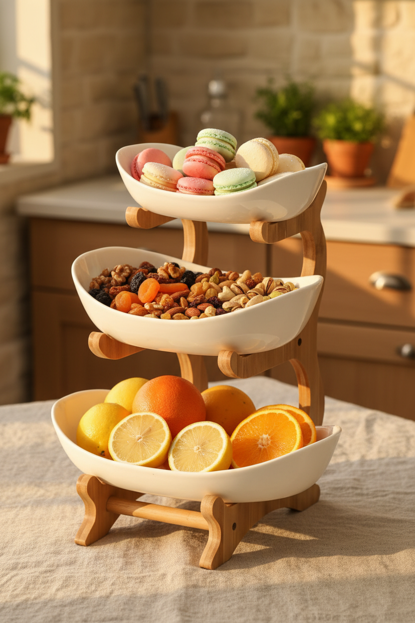 Bamboo serving stand styled as afternoon tea display with macarons and fruits