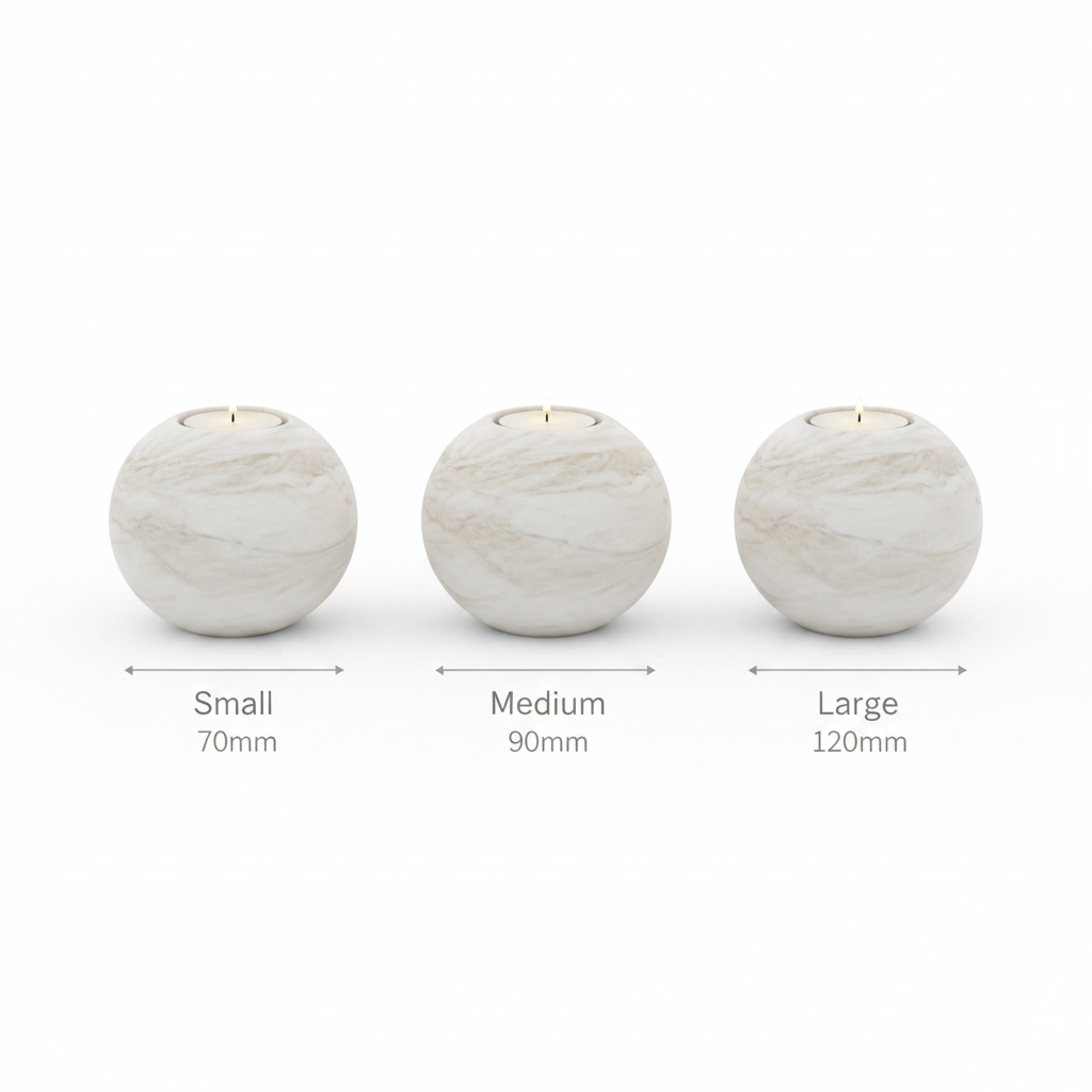 Marble sphere candle holder size guide Small 70mm Medium 90mm Large 120mm
