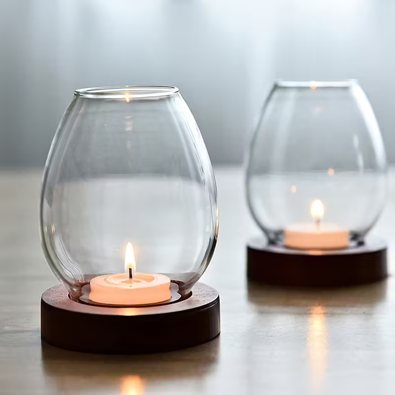 Oval Glass Tealight Holder – Clear Glass & Walnut Wood Base