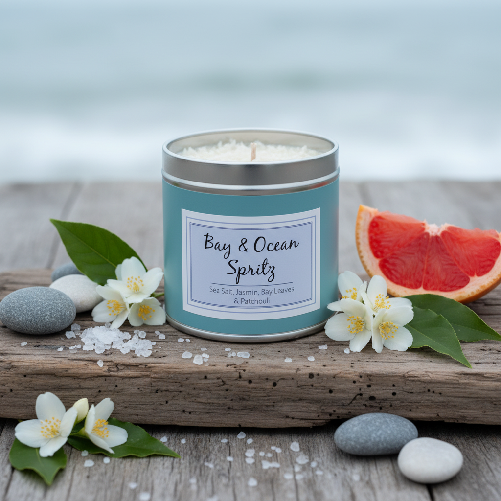 Bay & Ocean Spritz teal tin candle with white flake topping on driftwood surface
