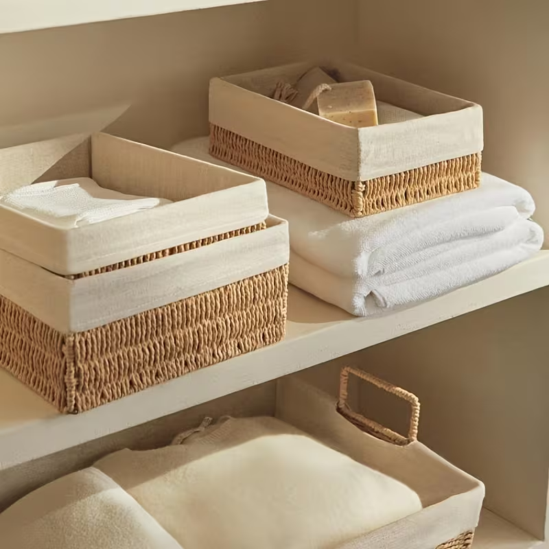 Woven Paper Rope Storage Basket Set of 3 – Natural & Linen Liner