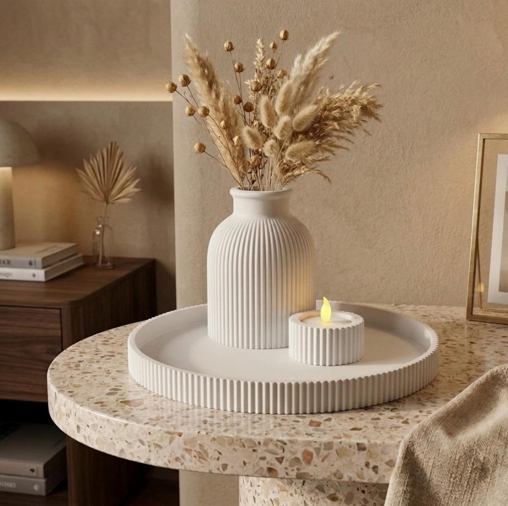 Ribbed Decorative Tray, Vase & Candle Holder Set — 3-Piece Home Styling