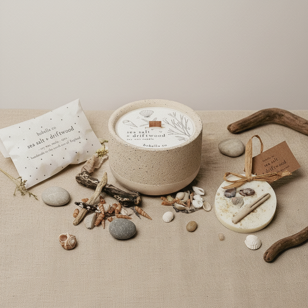 The Coastal Collection gift set flat lay with ceramic candle, wax disc and wax melts
