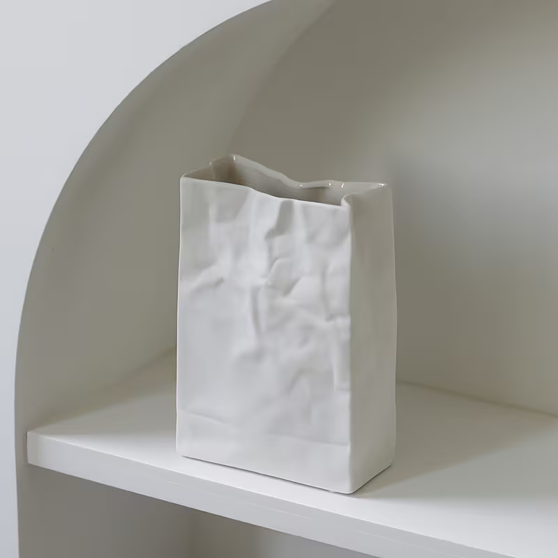 Crumpled Paper Bag Ceramic Vase – Matte White