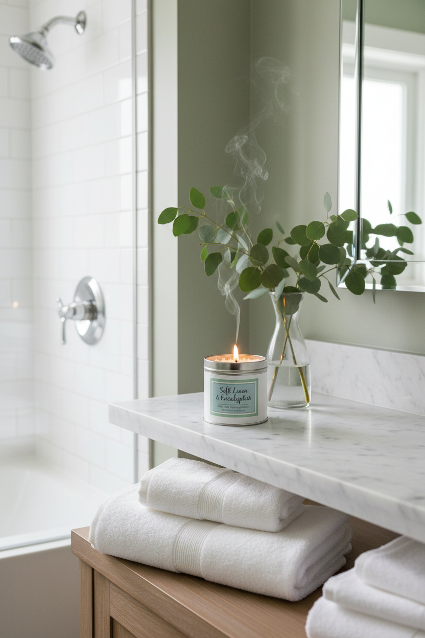 Soft Linen & Eucalyptus candle burning in bright spa bathroom with eucalyptus stems