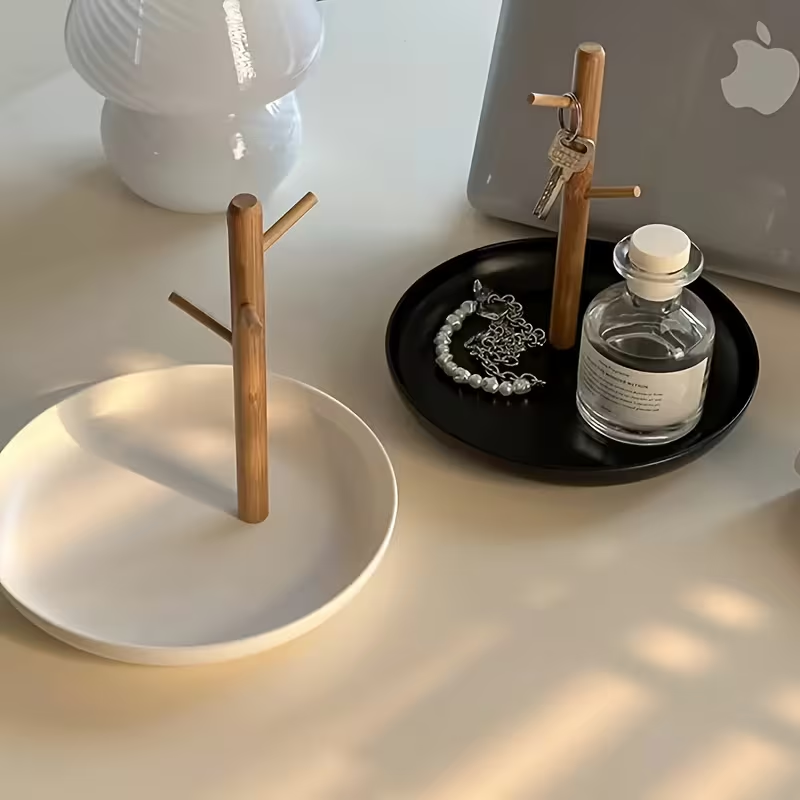 Ceramic Tray with Bamboo Tree Hook Stand – White / Black