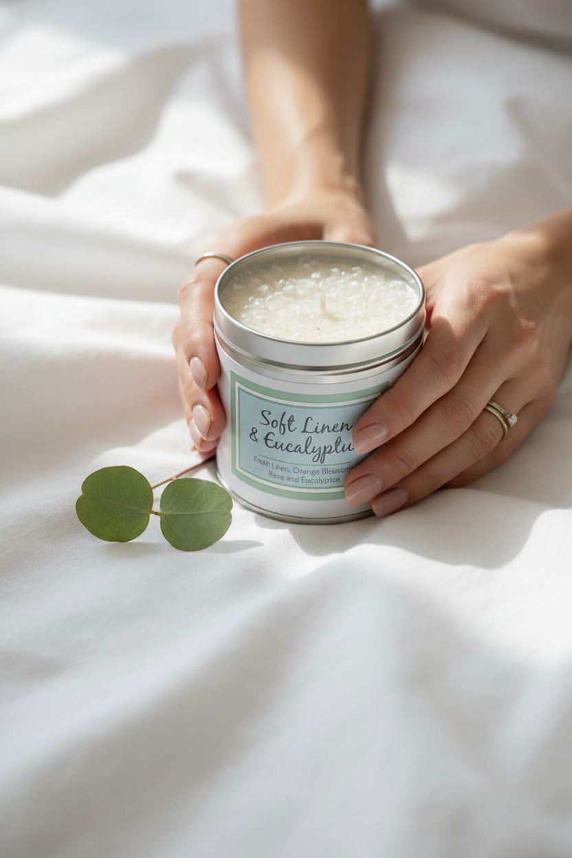 Woman's hands holding Soft Linen & Eucalyptus tin candle with white linen background