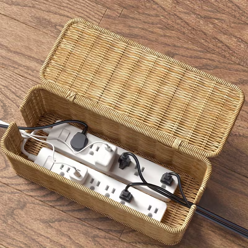 Woven Rattan Cable Management Box with Lid – Natural