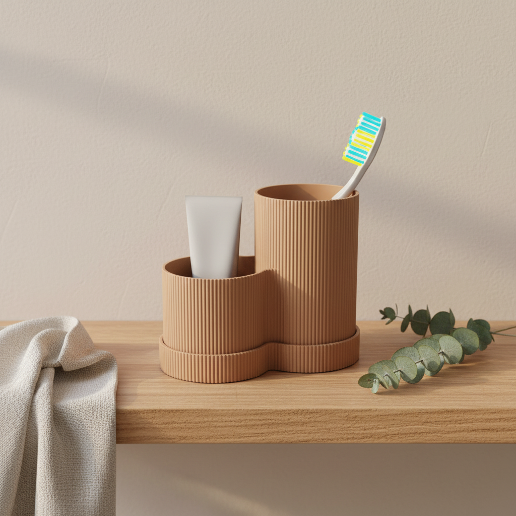 Taupe ribbed toothbrush holder on oak bathroom shelf with eucalyptus