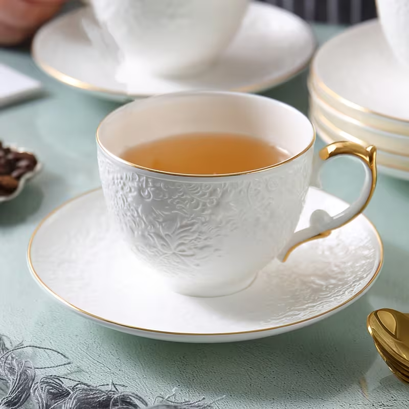 Embossed Bone China Tea Cup & Saucer Set – White & Gold
