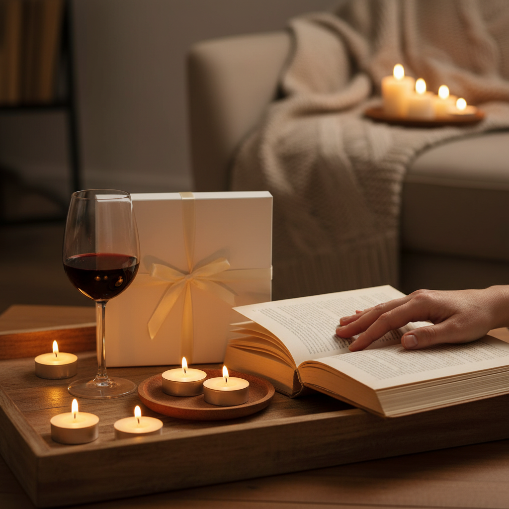 Soy tea light candle gift set beside wine glass and book cosy evening