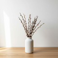 Bundle of dried pussy willow branches in white ceramic vase on oak surface